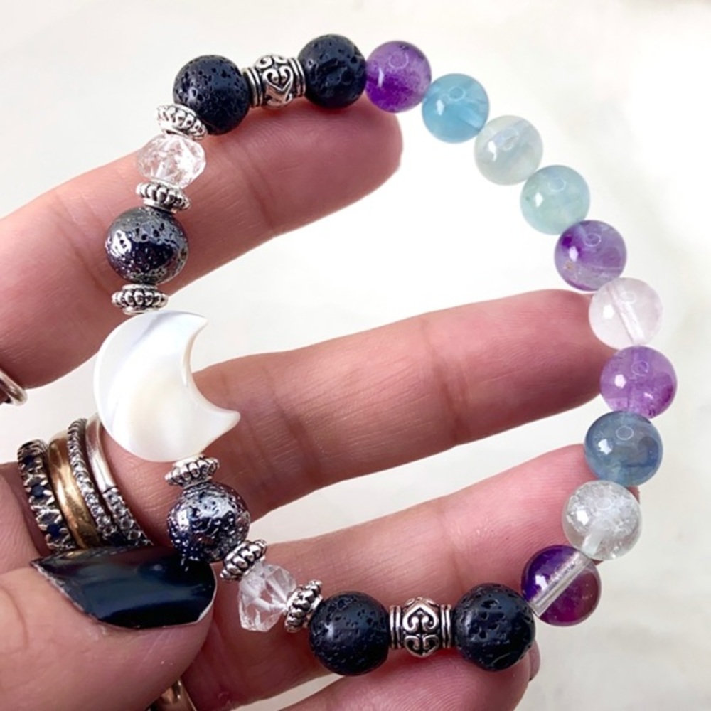 Moon gemstones bracelet .Herkimer diamonds fluorite & mother of pearl moon charm